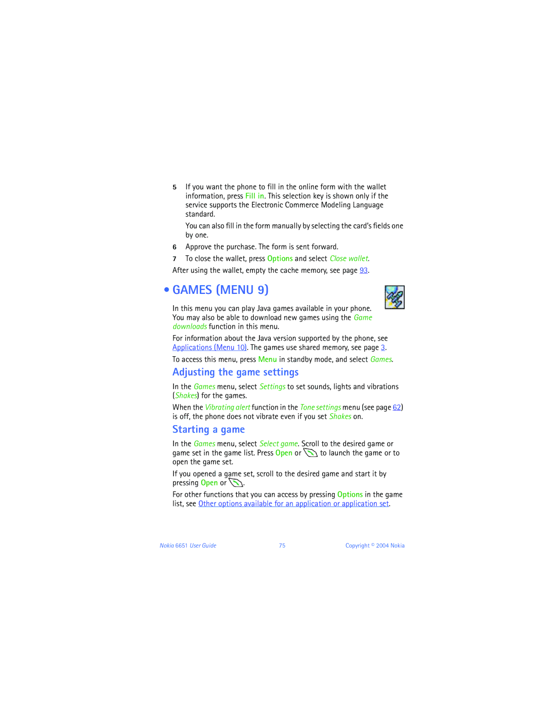 Nokia 6651 manual Games Menu, Adjusting the game settings, Starting a game 