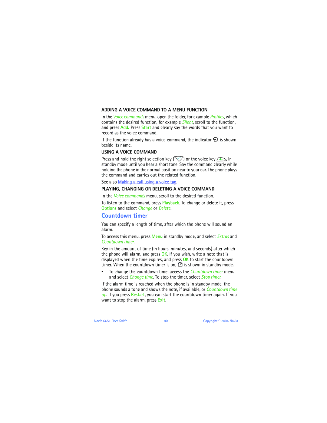 Nokia 6651 manual Countdown timer, Adding a Voice Command to a Menu Function, Using a Voice Command 