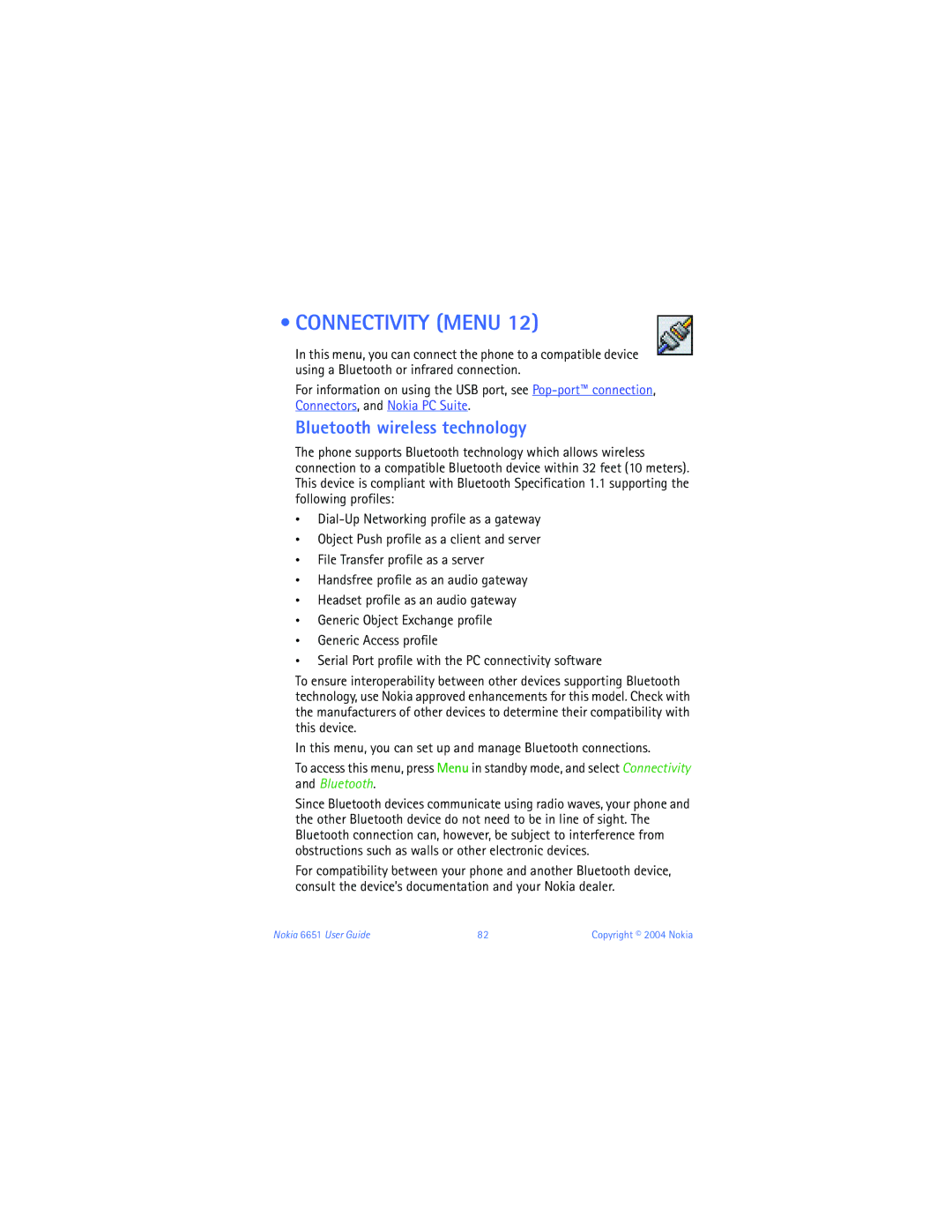 Nokia 6651 manual Connectivity Menu, Bluetooth wireless technology 