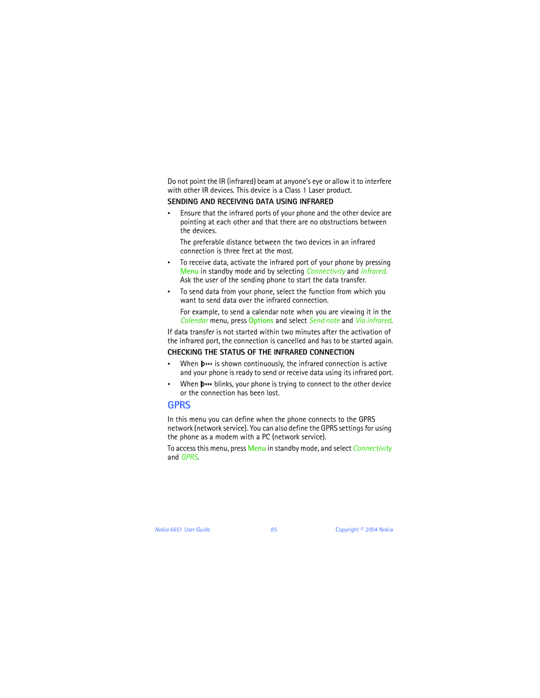 Nokia 6651 manual Sending and Receiving Data Using Infrared, Checking the Status of the Infrared Connection 