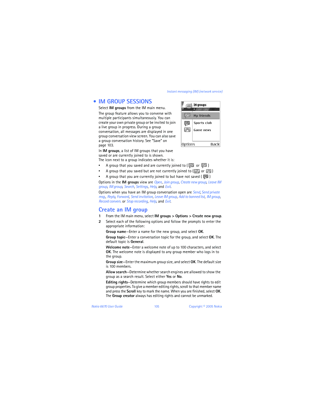 Nokia manual IM Group Sessions, Create an IM group, Select IM groups from the IM main menu, Nokia 6670 User Guide 105 