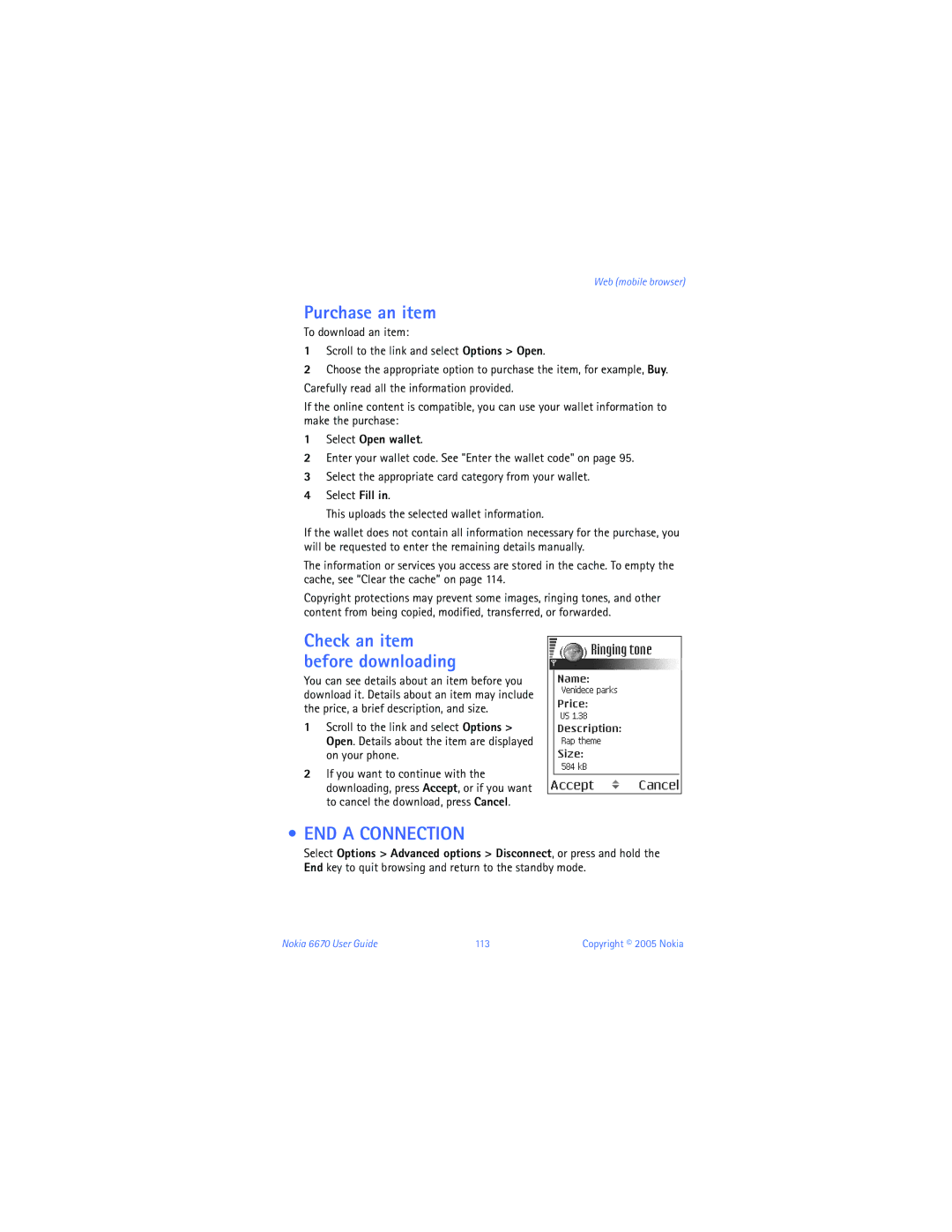 Nokia manual Purchase an item, END a Connection, Select Open wallet, Nokia 6670 User Guide 113 