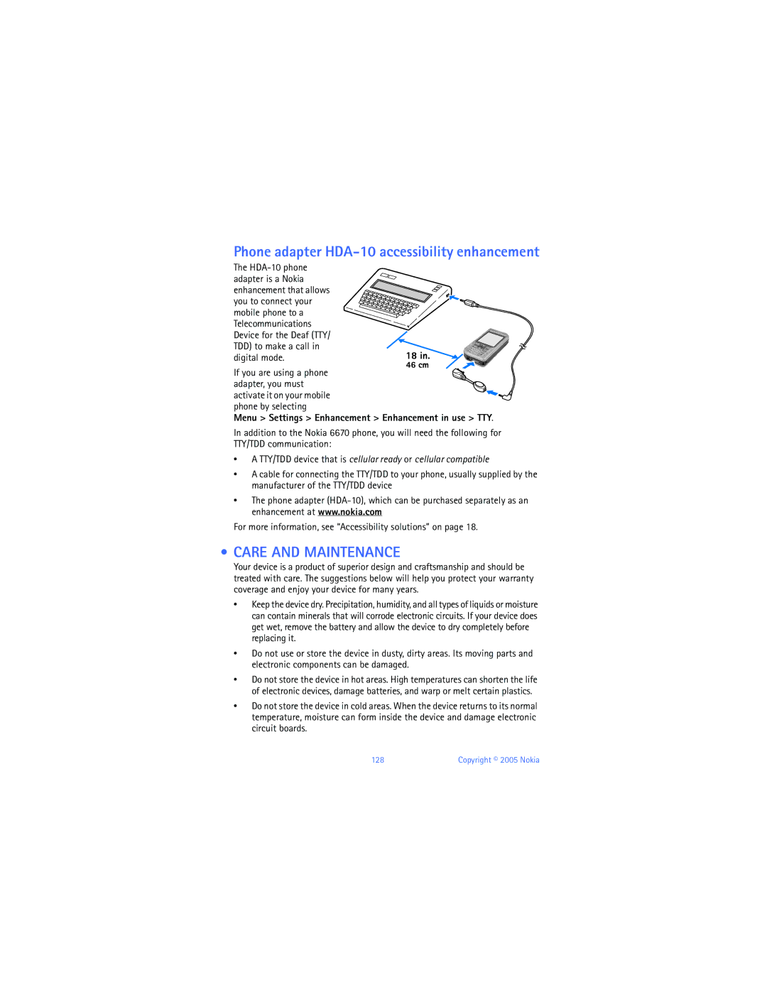 Nokia 6670 manual Phone adapter HDA-10 accessibility enhancement, Care and Maintenance 