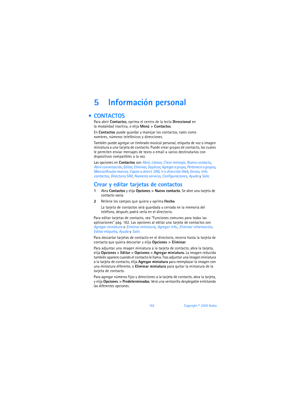 Nokia 6670 manual Información personal, Contactos, Crear y editar tarjetas de contactos 