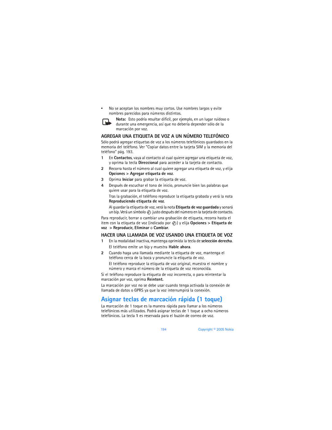 Nokia 6670 manual Asignar teclas de marcación rápida 1 toque, Agregar UNA Etiqueta DE VOZ a UN Número Telefónico 