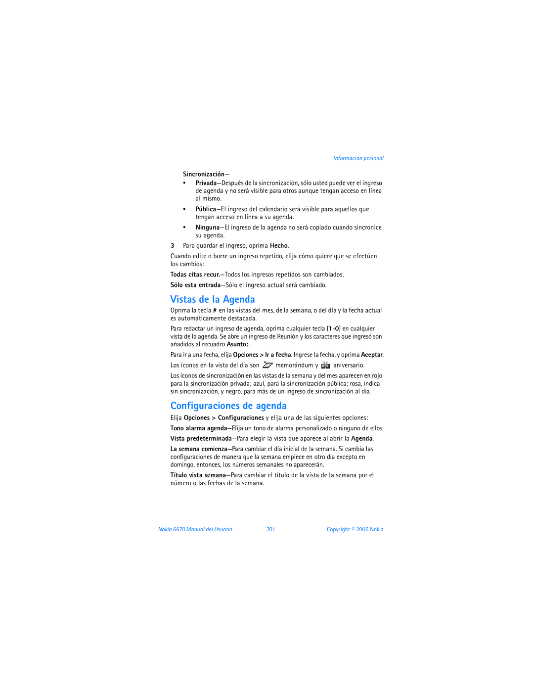 Nokia manual Vistas de la Agenda, Configuraciones de agenda, Sincronización, Nokia 6670 Manual del Usuario 201 