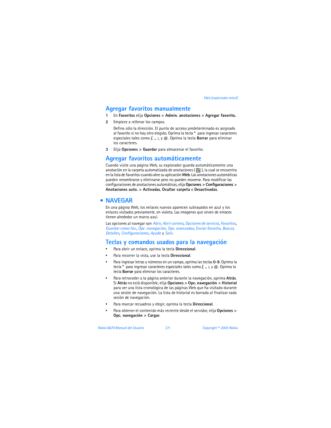 Nokia Agregar favoritos manualmente, Agregar favoritos automáticamente, Navegar, Nokia 6670 Manual del Usuario 271 