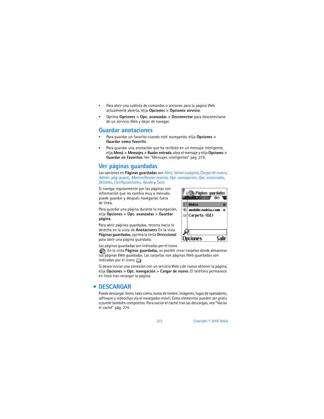 Nokia 6670 manual Guardar anotaciones, Ver páginas guardadas, Descargar 