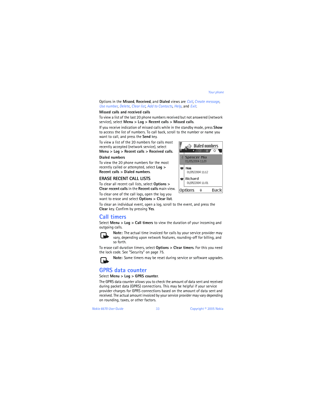 Nokia 6670 manual Call timers, Gprs data counter, Erase Recent Call Lists 