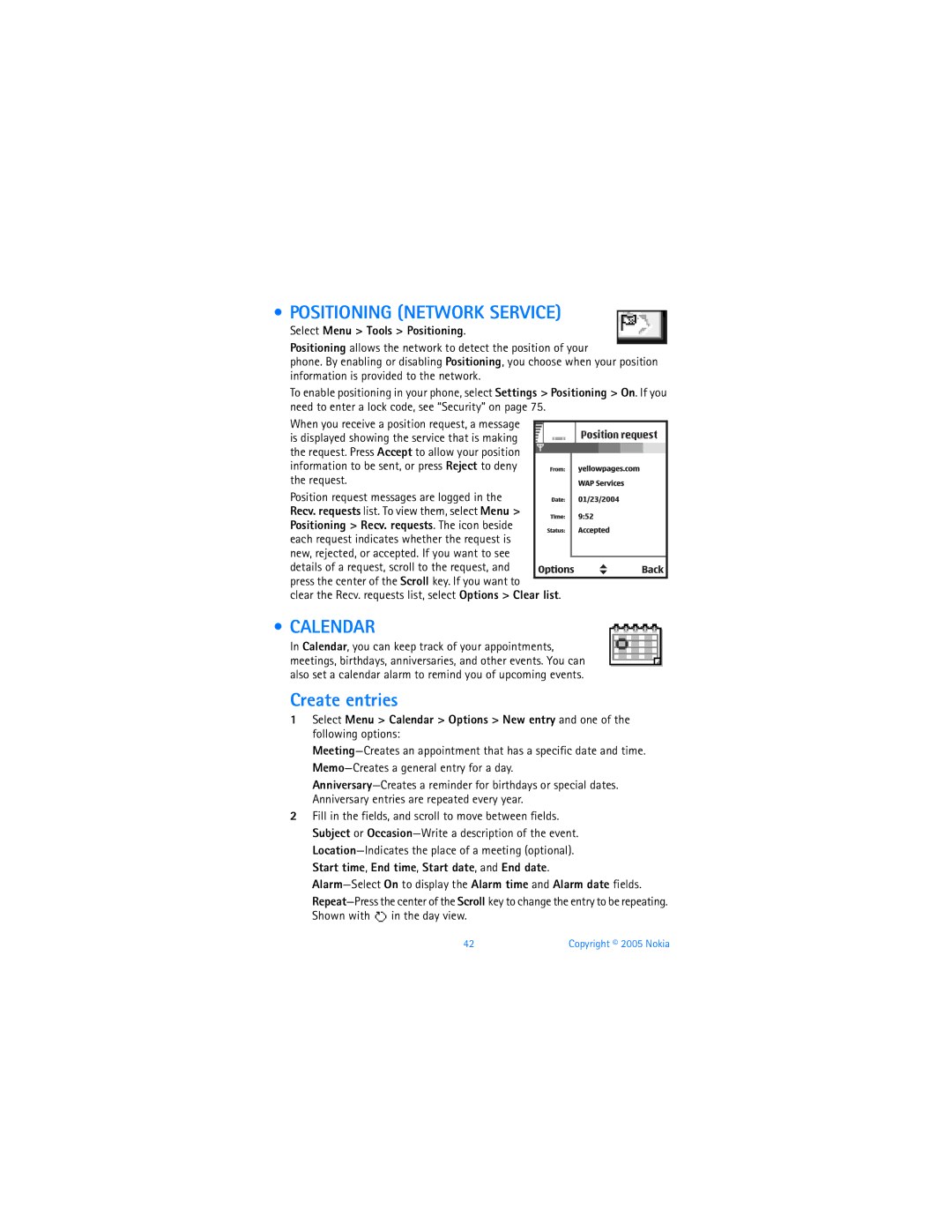 Nokia 6670 manual Positioning Network Service, Calendar, Create entries, Select Menu Tools Positioning 