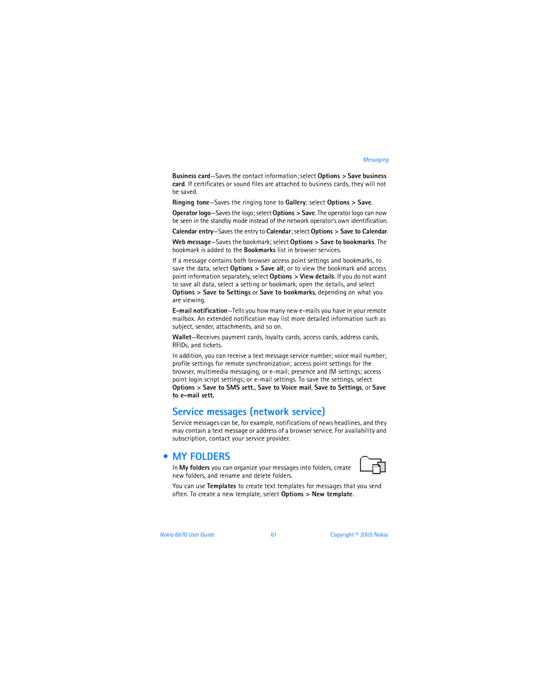 Nokia 6670 manual Service messages network service, MY Folders 