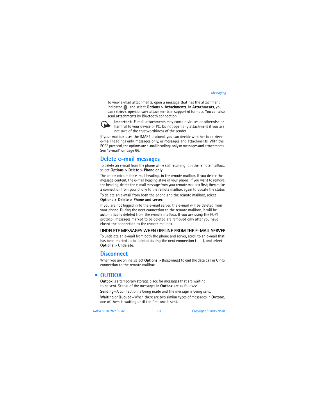 Nokia 6670 manual Delete e-mail messages, Disconnect, Outbox, Undelete Messages When Offline from the E-MAIL Server 
