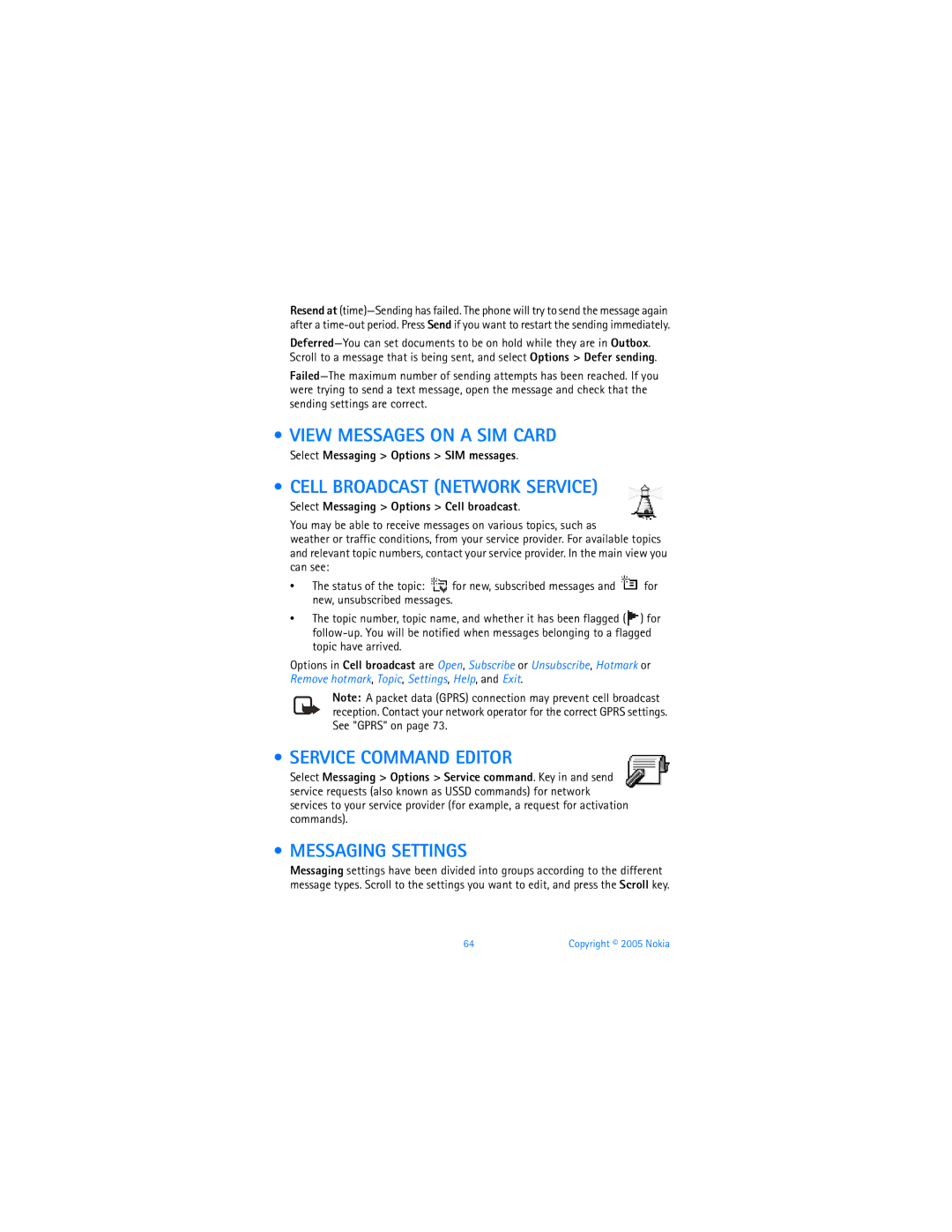 Nokia 6670 manual View Messages on a SIM Card, Cell Broadcast Network Service, Service Command Editor, Messaging Settings 
