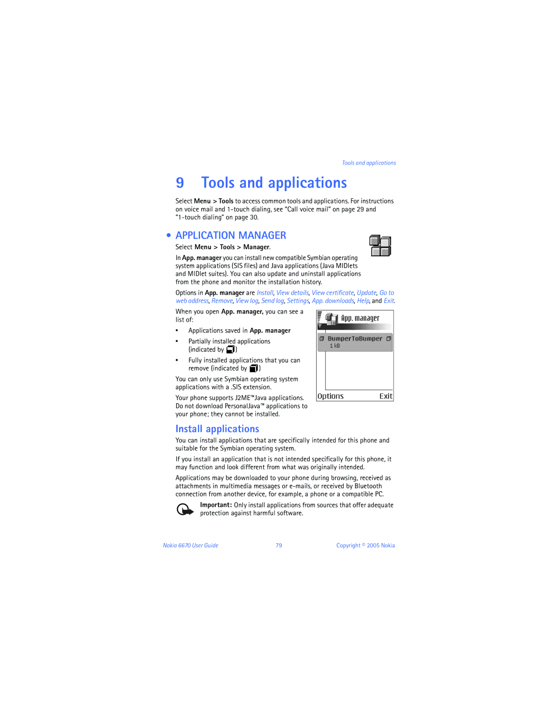 Nokia 6670 manual Tools and applications, Application Manager, Install applications, Select Menu Tools Manager 