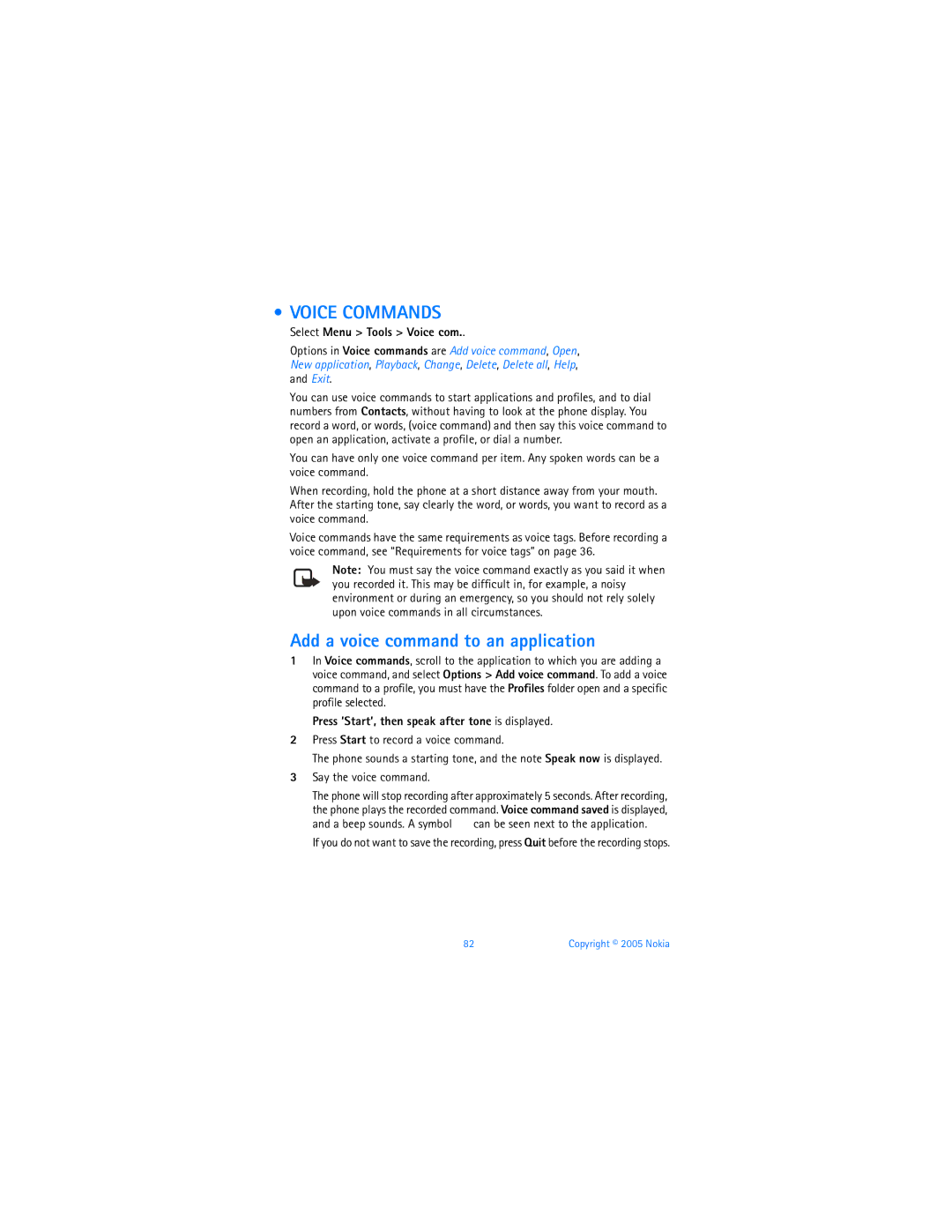 Nokia 6670 manual Voice Commands, Add a voice command to an application, Select Menu Tools Voice com 