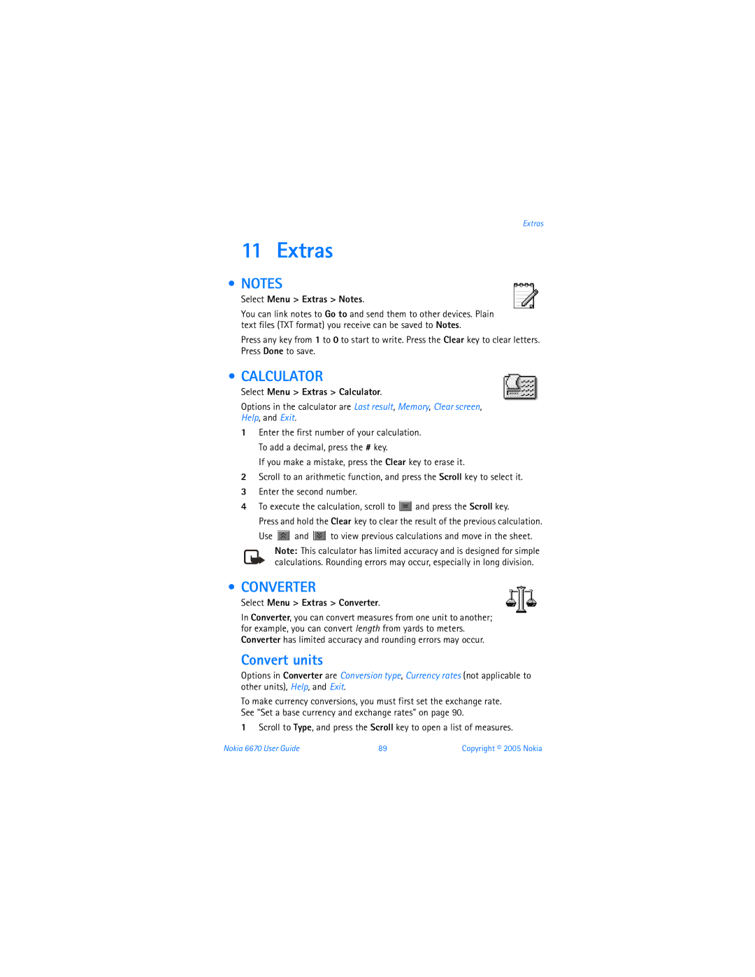 Nokia 6670 manual Extras, Calculator, Converter, Convert units 