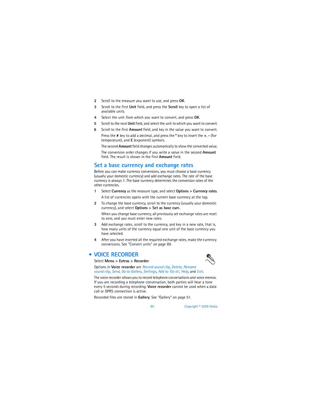 Nokia 6670 manual Set a base currency and exchange rates, Voice Recorder, Select Menu Extras Recorder 