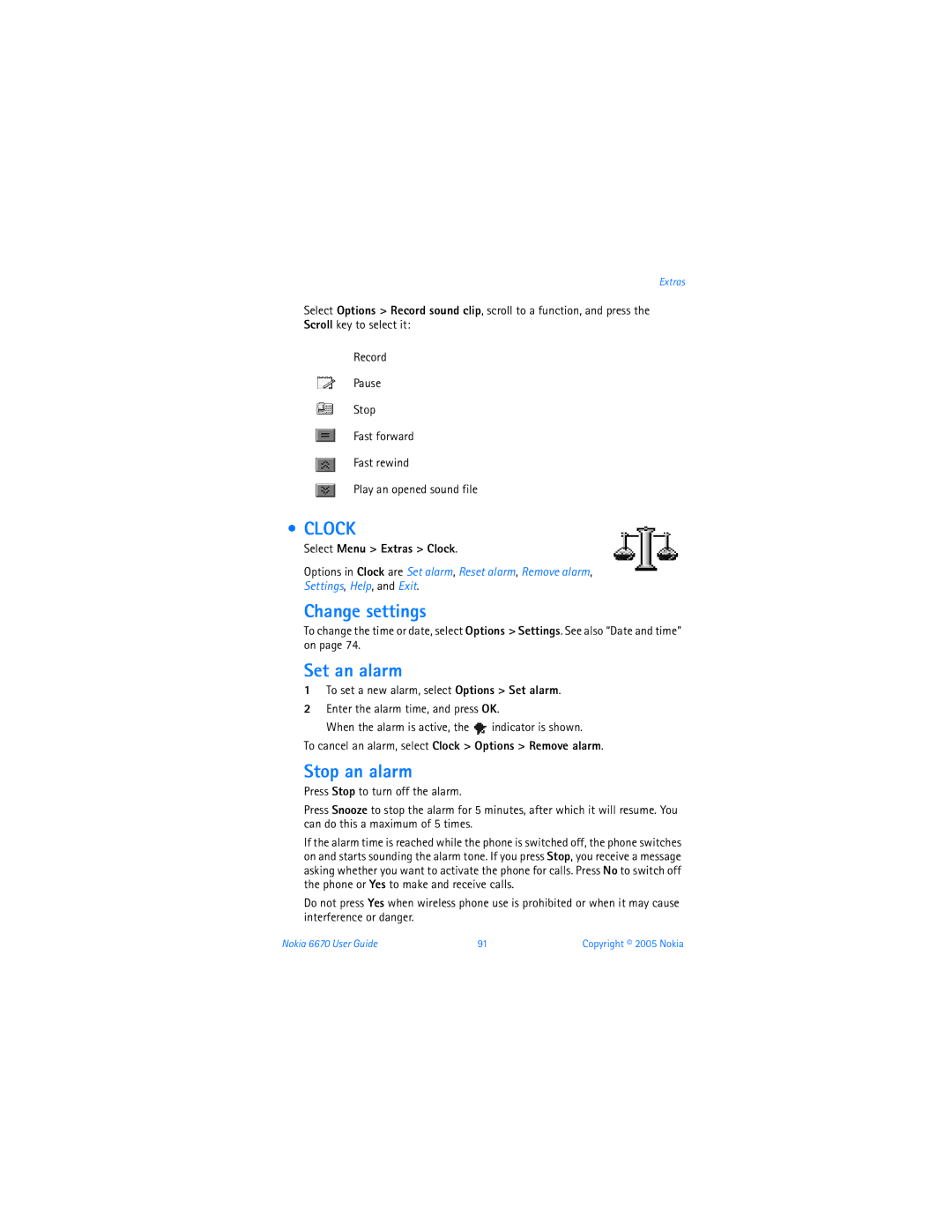 Nokia 6670 manual Set an alarm, Stop an alarm, Select Menu Extras Clock 