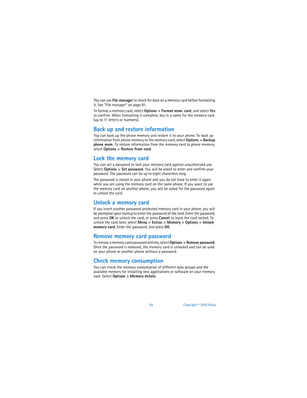 Nokia 6670 manual Back up and restore information, Lock the memory card, Unlock a memory card, Remove memory card password 