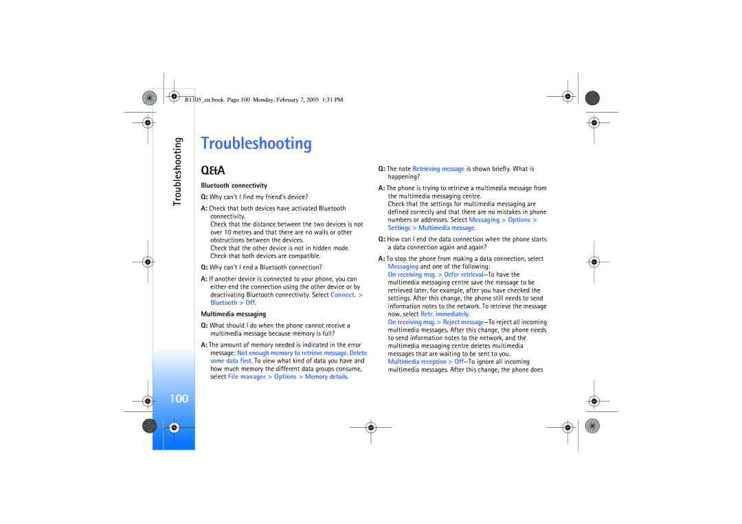 Nokia 6680 manual Troubleshooting, Bluetooth connectivity, Why can’t I end a Bluetooth connection?, Multimedia messaging 