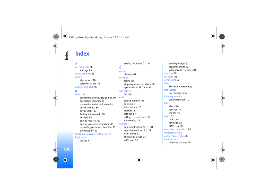 Nokia 6680 manual Index, Display Setting in camera 31 Cache clearing, Log information 101 clock Alarm 16 settings 16 snooze 