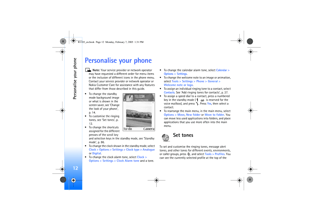 Nokia 6680 manual Set tones, Personalise your phone, Clock Options Settings Clock type Analogue or Digital 