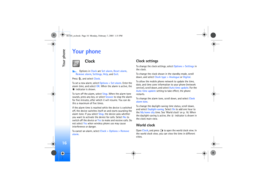 Nokia 6680 manual Your phone, Clock settings, World clock 