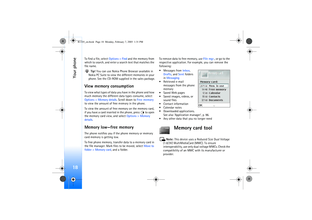 Nokia 6680 manual Memory card tool, View memory consumption, Memory low-free memory 