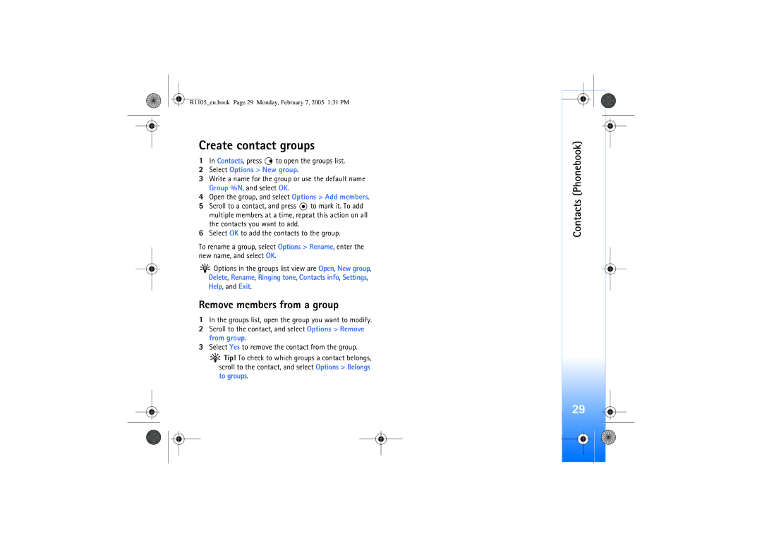 Nokia 6680 manual Create contact groups, Remove members from a group, Contacts, press to open the groups list 