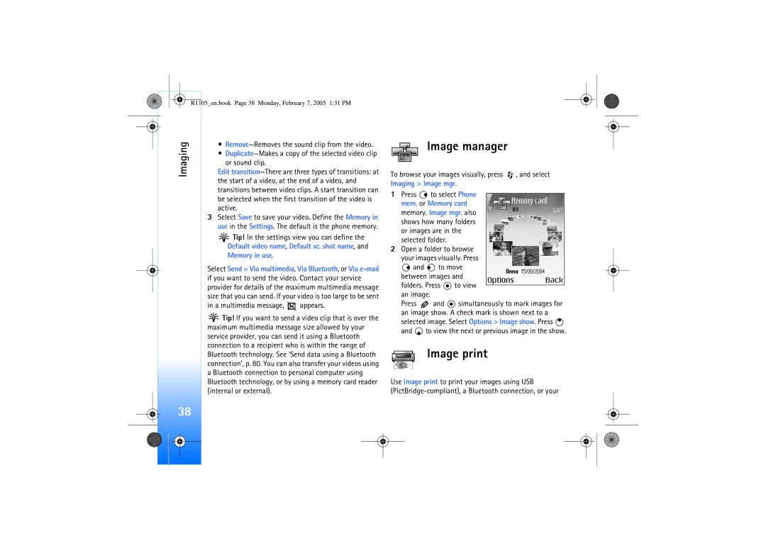 Nokia 6680 manual Image manager, Image print, Imaging Image mgr 