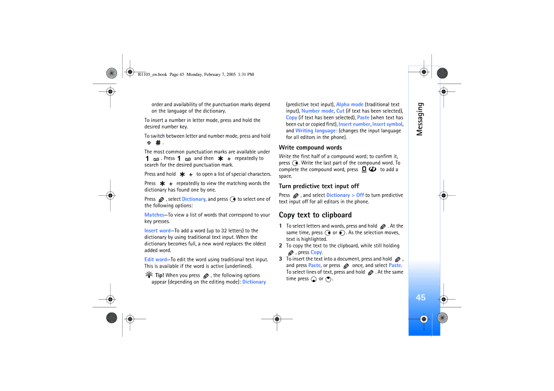 Nokia 6680 manual Copy text to clipboard, Write compound words, Turn predictive text input off 