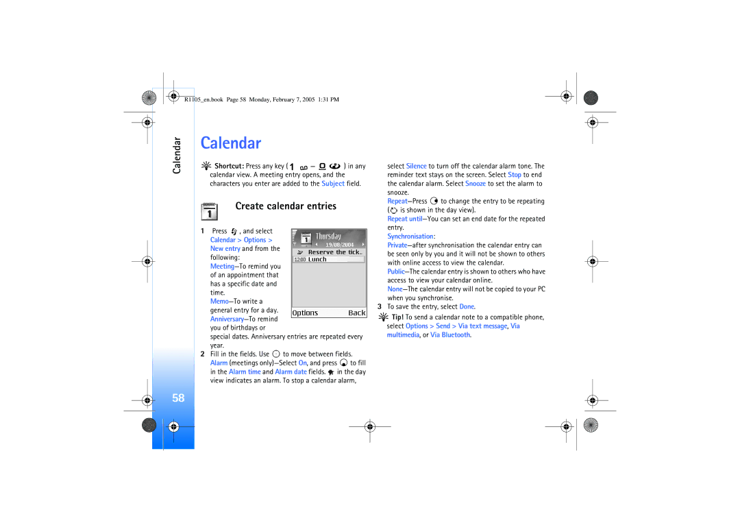 Nokia 6680 manual Create calendar entries, Calendar Options New entry and from the following, Synchronisation 