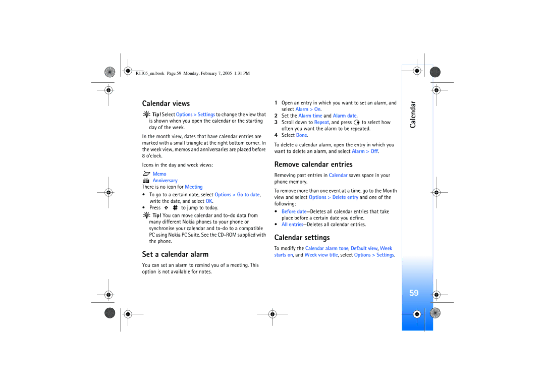 Nokia 6680 manual Calendar views, Set a calendar alarm, Remove calendar entries, Calendar settings 