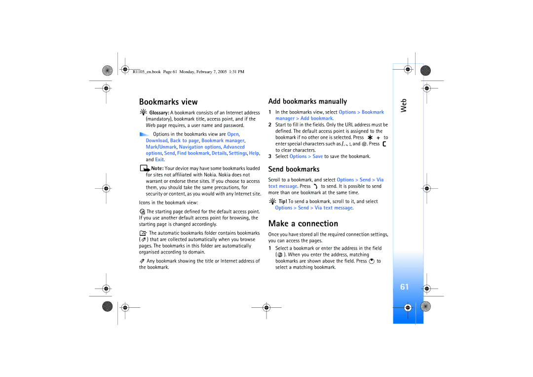 Nokia 6680 Bookmarks view, Make a connection, Add bookmarks manually, Send bookmarks 