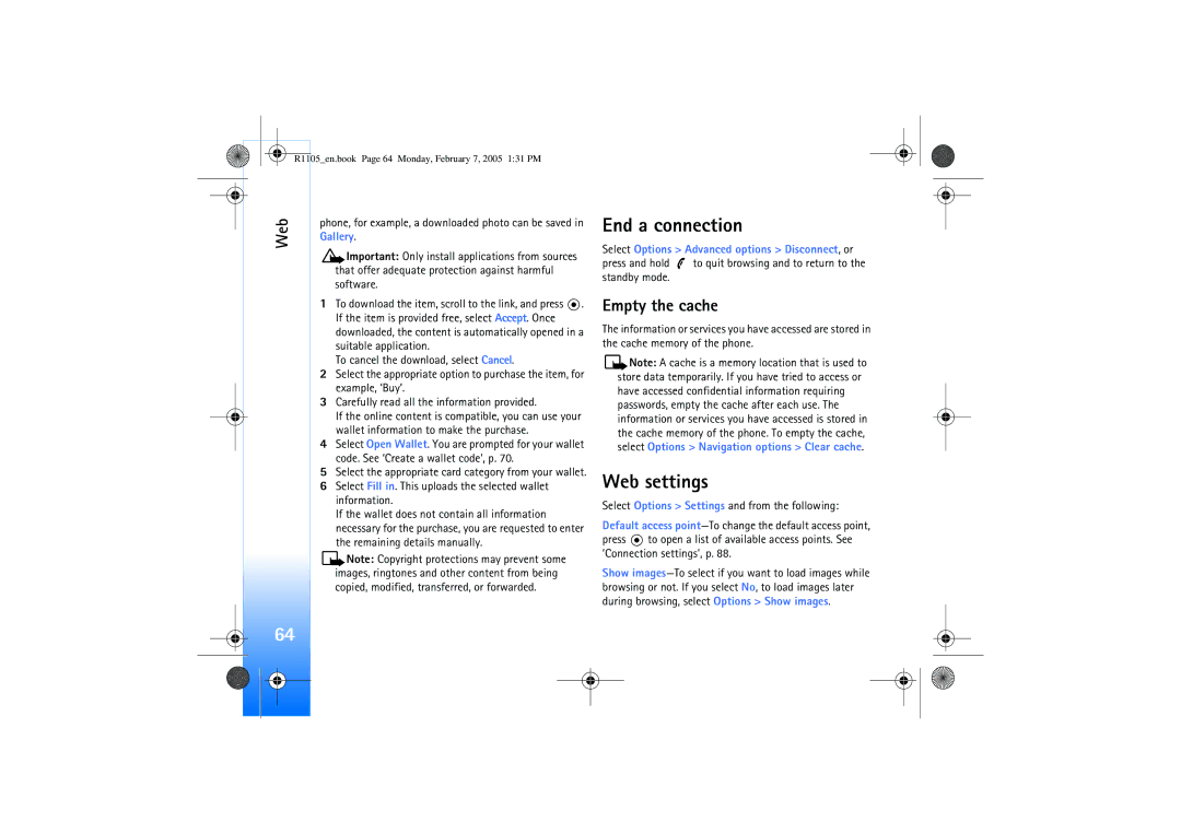 Nokia 6680 manual End a connection, Web settings, Empty the cache, Select Options Advanced options Disconnect, or 