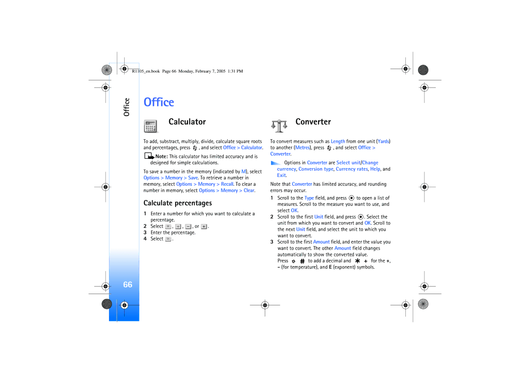 Nokia 6680 manual Office, CalculatorConverter, Calculate percentages 