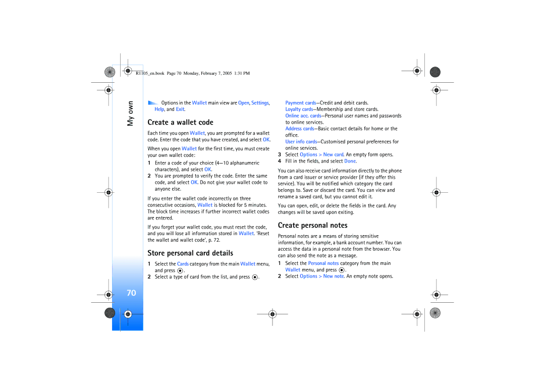 Nokia 6680 manual Create a wallet code, Store personal card details, Create personal notes 