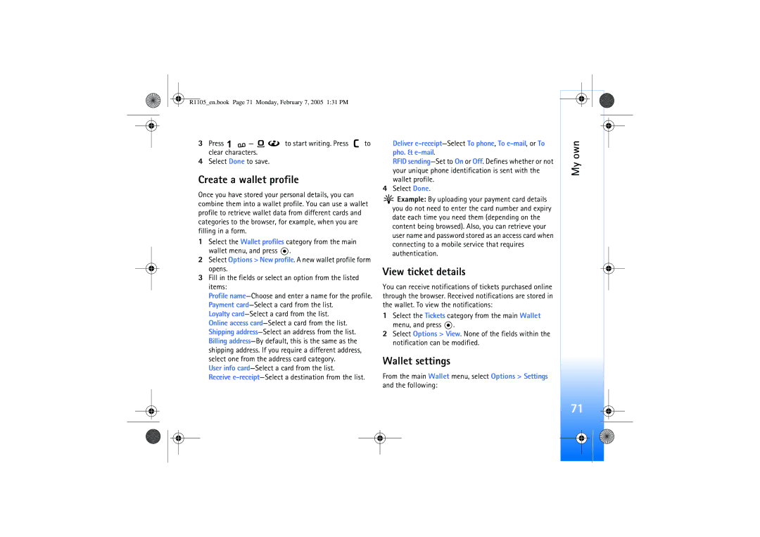 Nokia 6680 manual Create a wallet profile, View ticket details, Wallet settings, User info card-Select a card from the list 