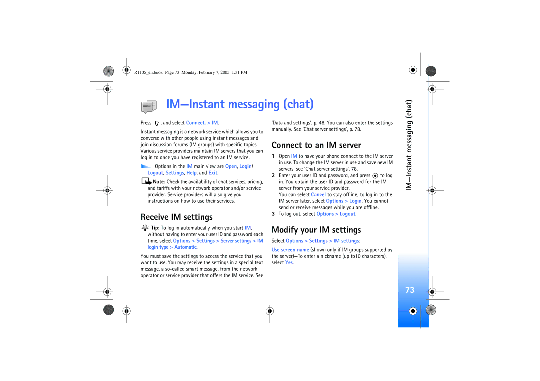 Nokia 6680 manual IM-Instant messaging chat, Receive IM settings, Connect to an IM server, Modify your IM settings, Chat 