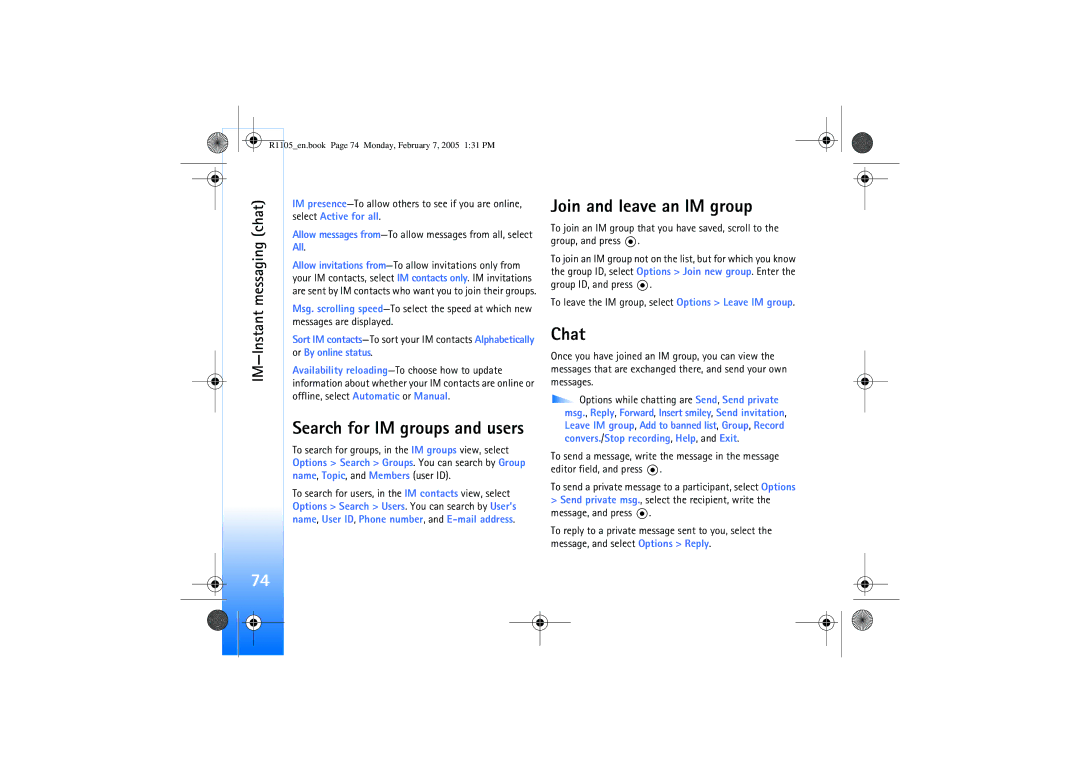 Nokia 6680 manual Join and leave an IM group, Chat, IM-Instant messaging chat 