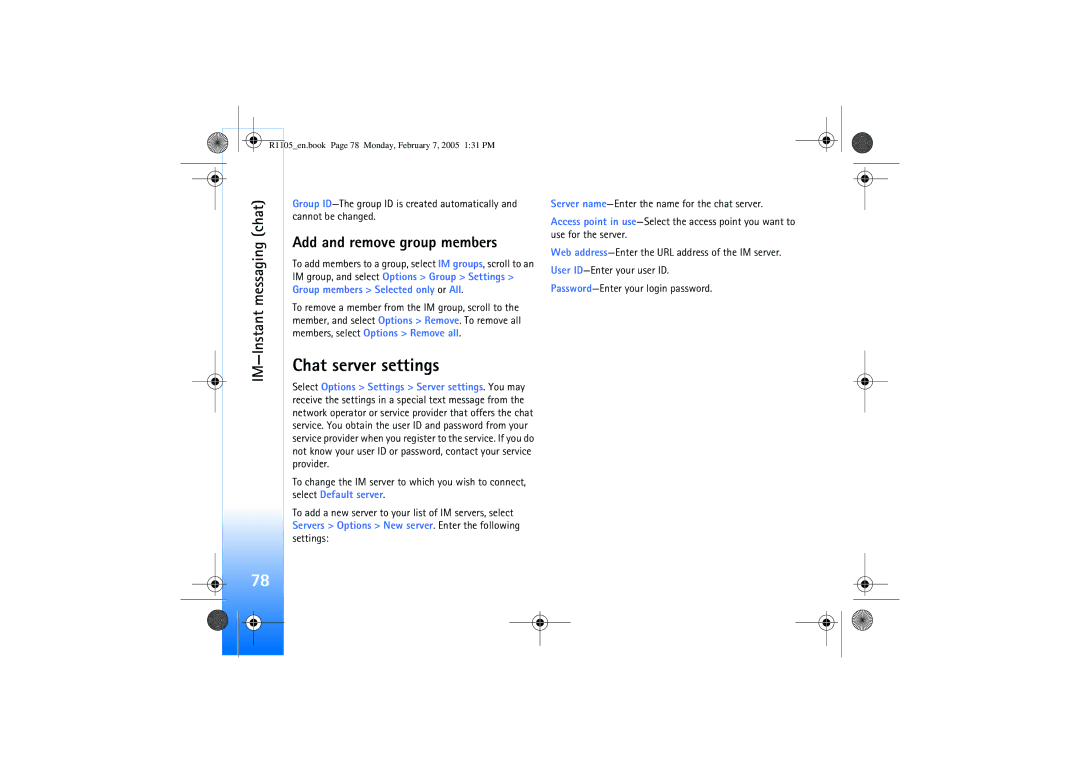 Nokia 6680 manual Chat server settings, Add and remove group members 