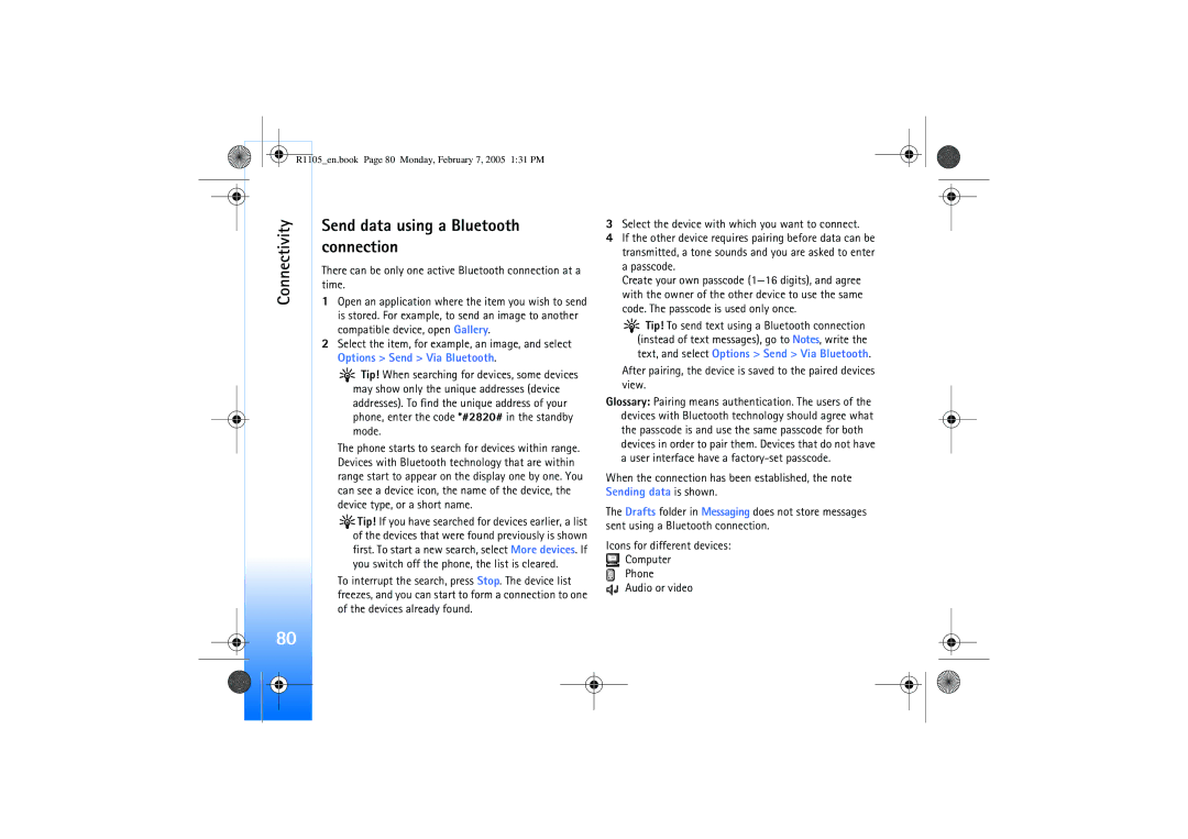 Nokia 6680 manual Connectivity Send data using a Bluetooth connection 