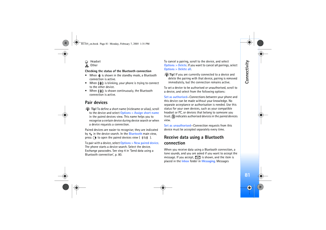 Nokia 6680 manual Pair devices, Receive data using a Bluetooth connection, Headset Other 