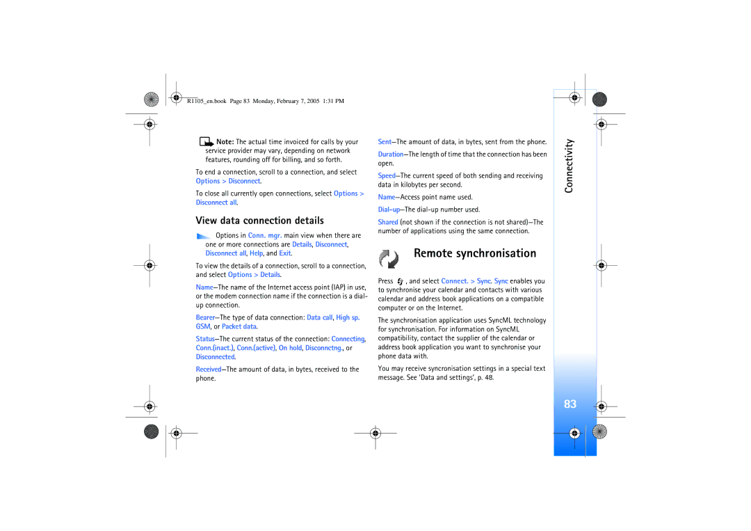 Nokia 6680 manual Remote synchronisation, View data connection details 