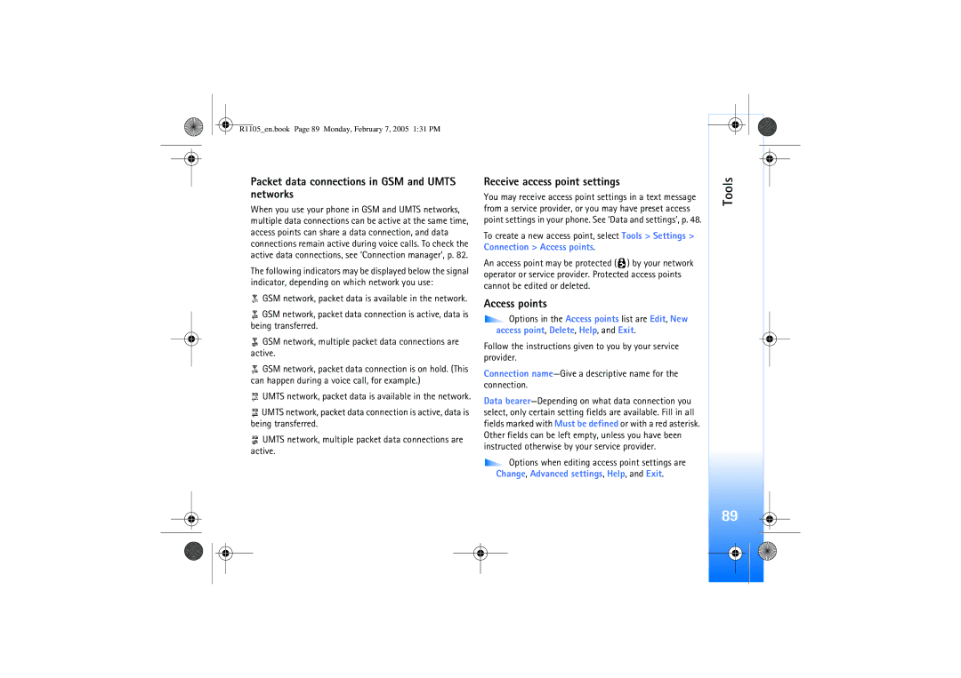 Nokia 6680 manual Packet data connections in GSM and Umts networks, Receive access point settings, Access points 