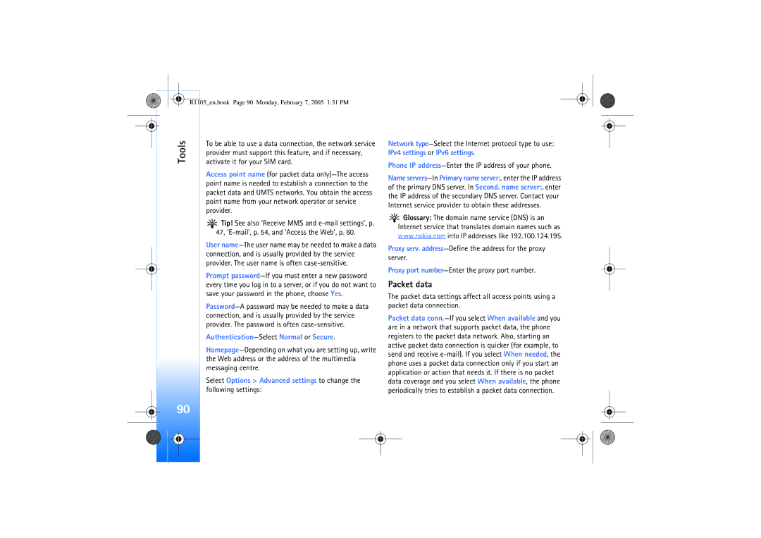 Nokia 6680 manual Packet data, 47, ‘E-mail’, p , and ‘Access the Web’, p, Authentication-SelectNormal or Secure 