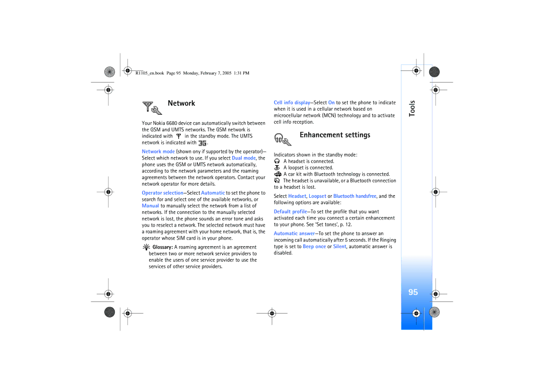 Nokia 6680 manual Network, Enhancement settings, To a headset is lost 