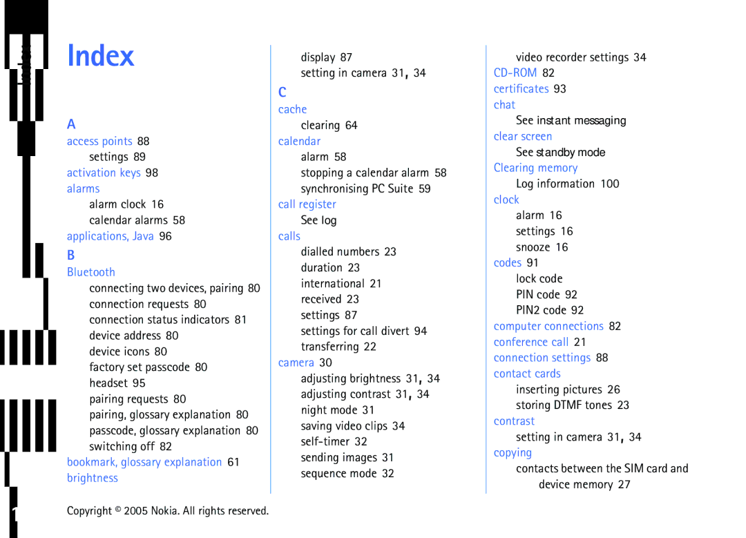 Nokia 6681 Index, Display Setting in camera 31 Cache clearing, Log information 100 clock, Setting in camera 31, 34 copying 