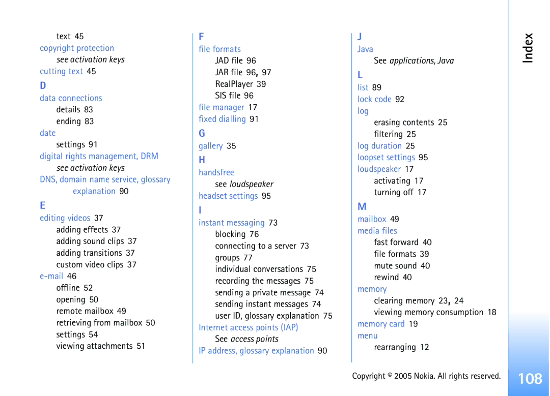 Nokia 6681 manual Settings, Erasing contents 25 filtering, Activating 17 turning off 