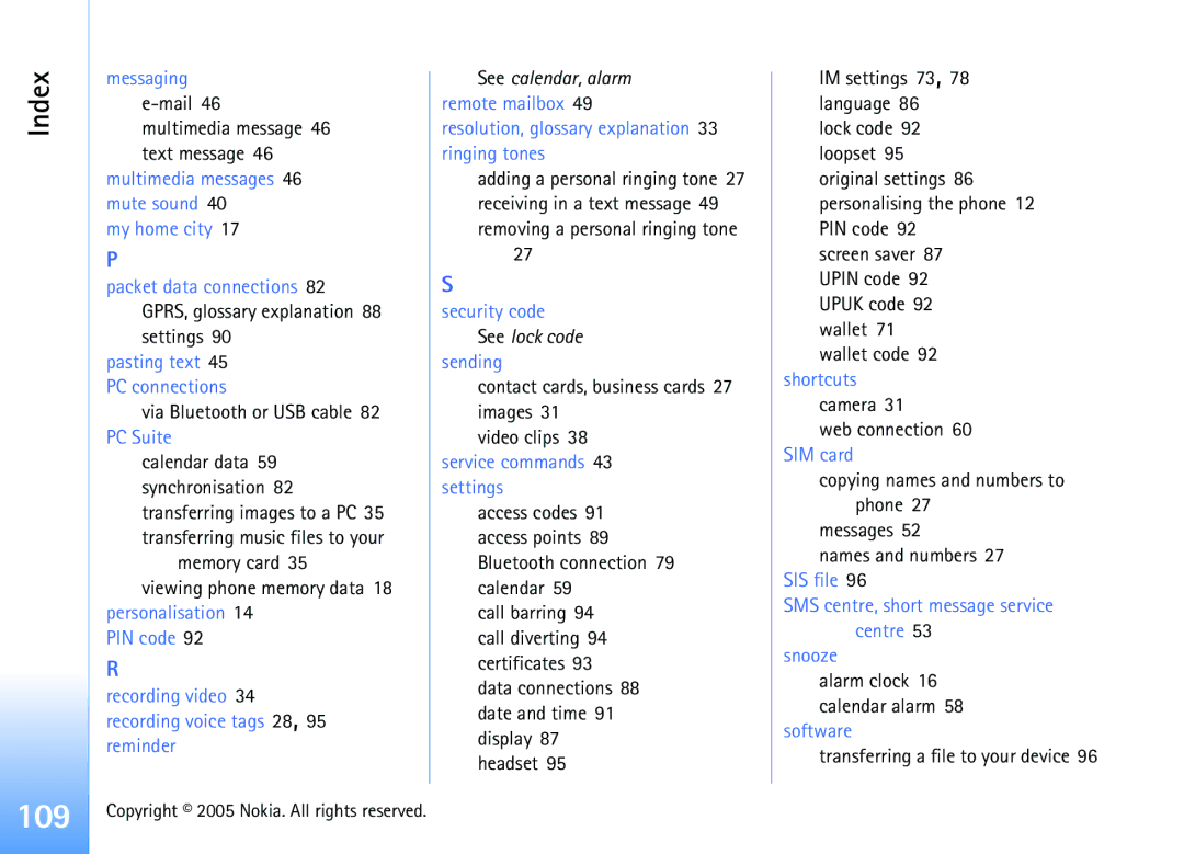 Nokia 6681 manual 109, Via Bluetooth or USB cable 82 PC Suite 